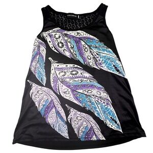 Fancyqube Shirt Women's Medium Black Feather Tank Top Crochet Lace Back Preppy